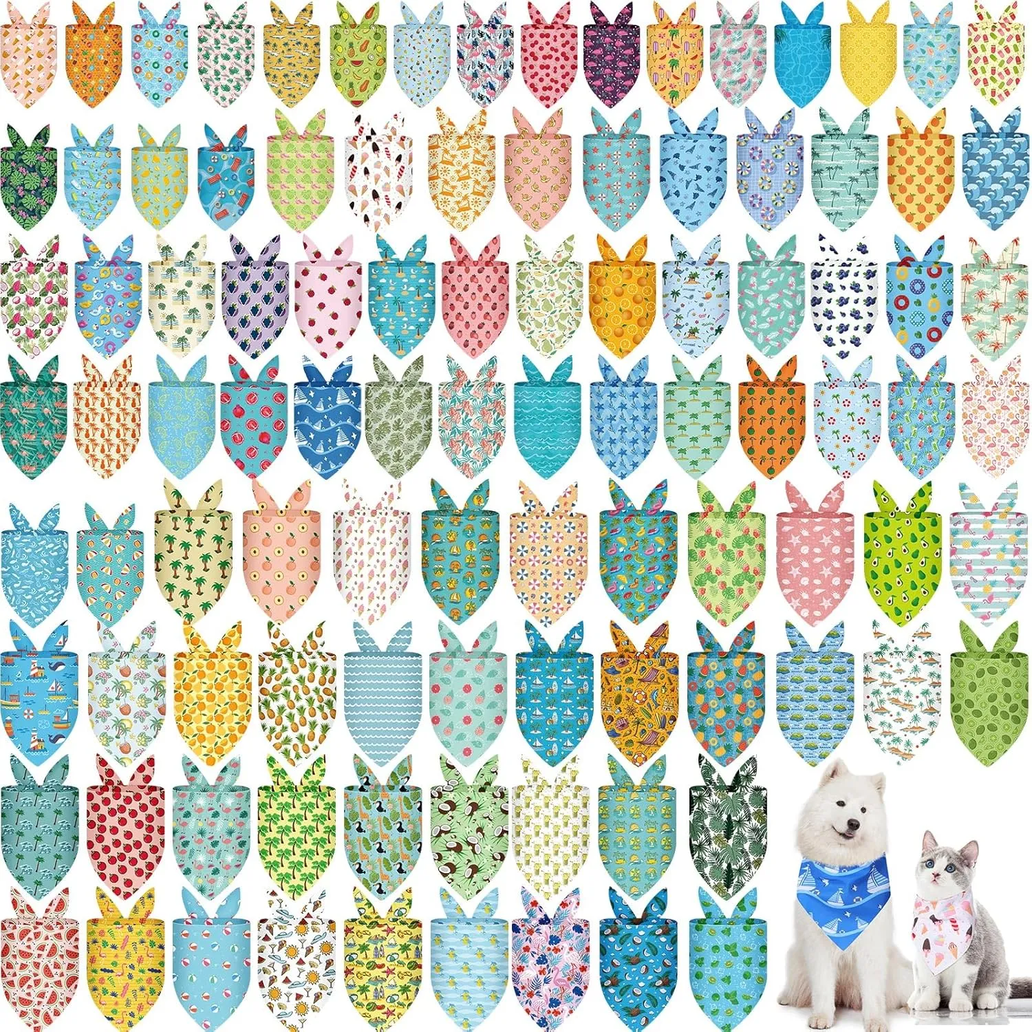 100 Pcs Dog Bandanas - Hawaiian Summer 3 Sizes Washable Adjustable Bandanas for Beach - Small, Medium, Large Pets