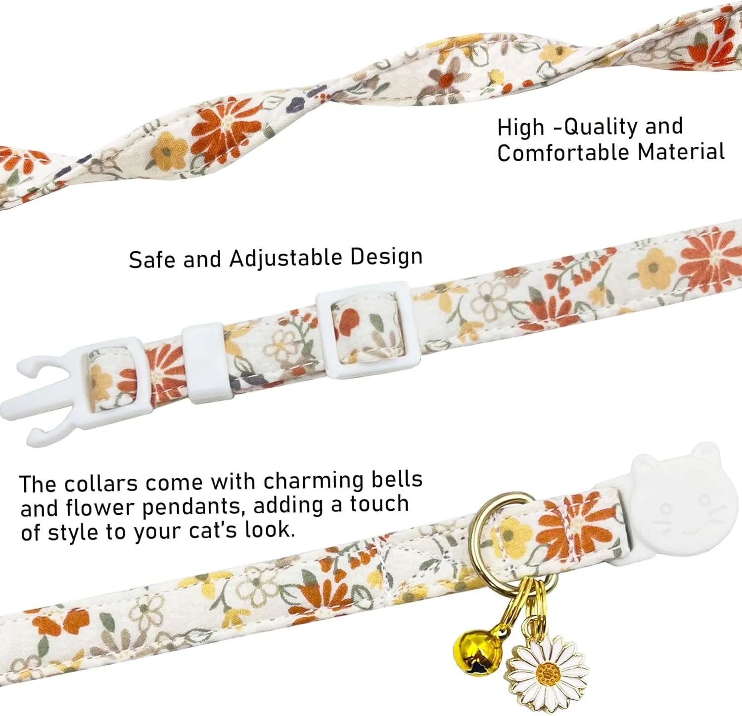 2 Pack Cotton Breakaway Cat Collars Set with Bell and Flower Pendant, Cute Girl Cat Collars for Kittens, Floral Patterned Female Cat Collar, Adjustable 7.5-11 Inch, Includes A Bonus Mouse Toy Gift