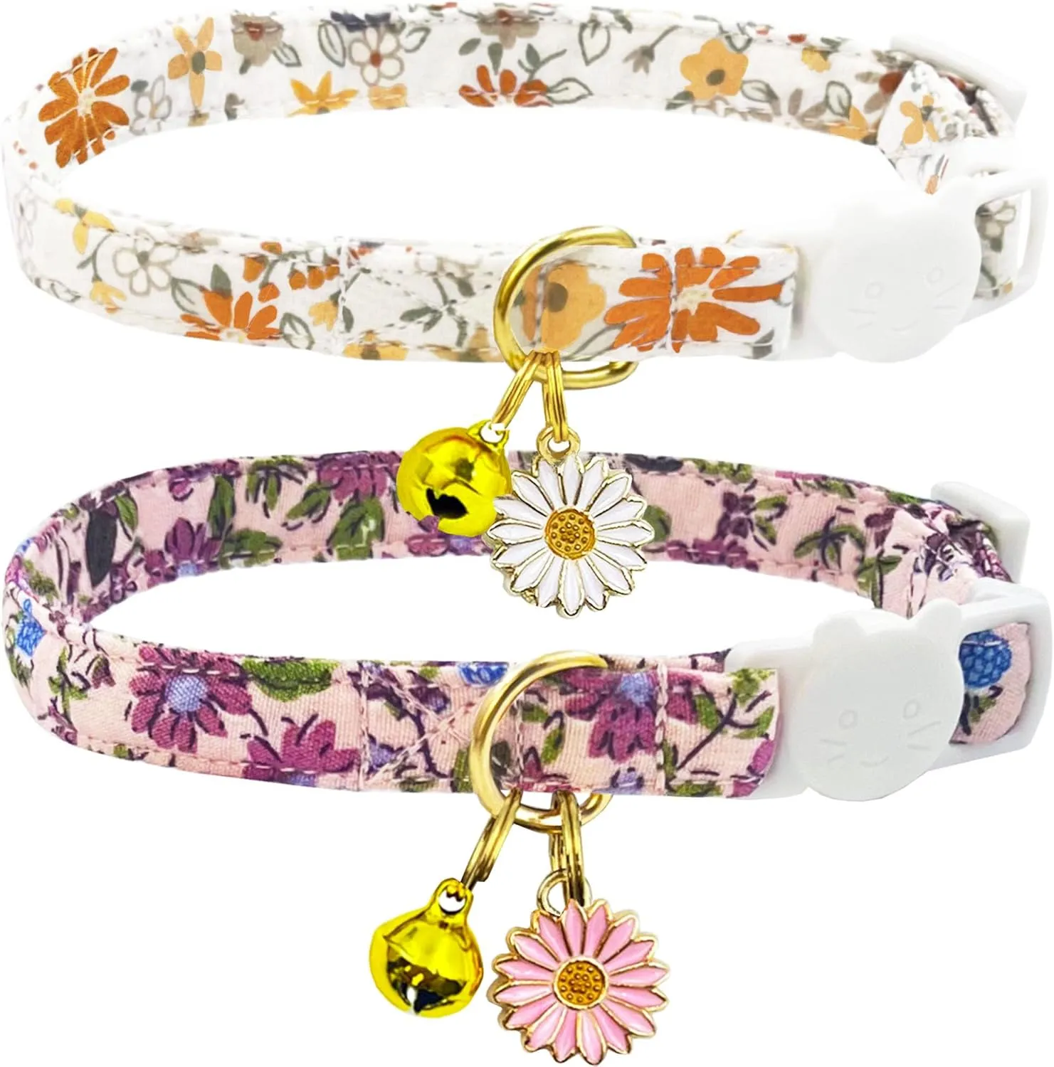 2 Pack Cotton Breakaway Cat Collars Set with Bell and Flower Pendant, Cute Girl Cat Collars for Kittens, Floral Patterned Female Cat Collar, Adjustable 7.5-11 Inch, Includes A Bonus Mouse Toy Gift