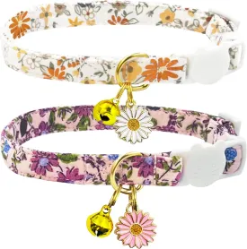 2 Pack Cotton Breakaway Cat Collars Set with Bell and Flower Pendant, Cute Girl Cat Collars for Kittens, Floral Patterned Female Cat Collar, Adjustable 7.5-11 Inch, Includes A Bonus Mouse Toy Gift