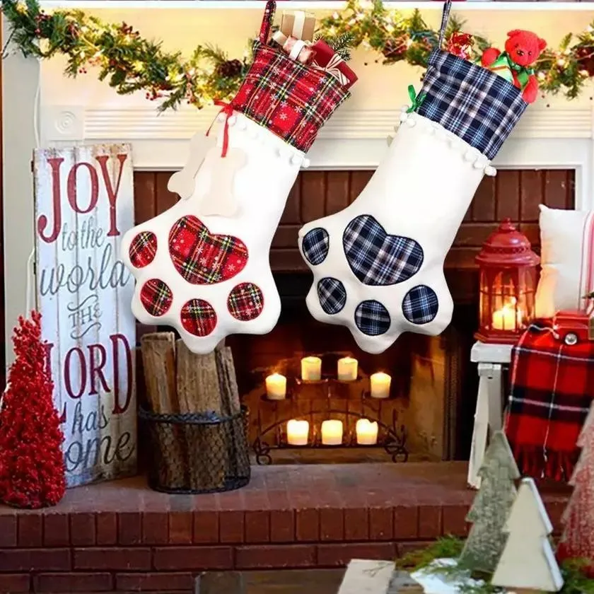 2-Pack: Plaid Christmas Pet Dog Cat Paw Hanging Stocking Socks