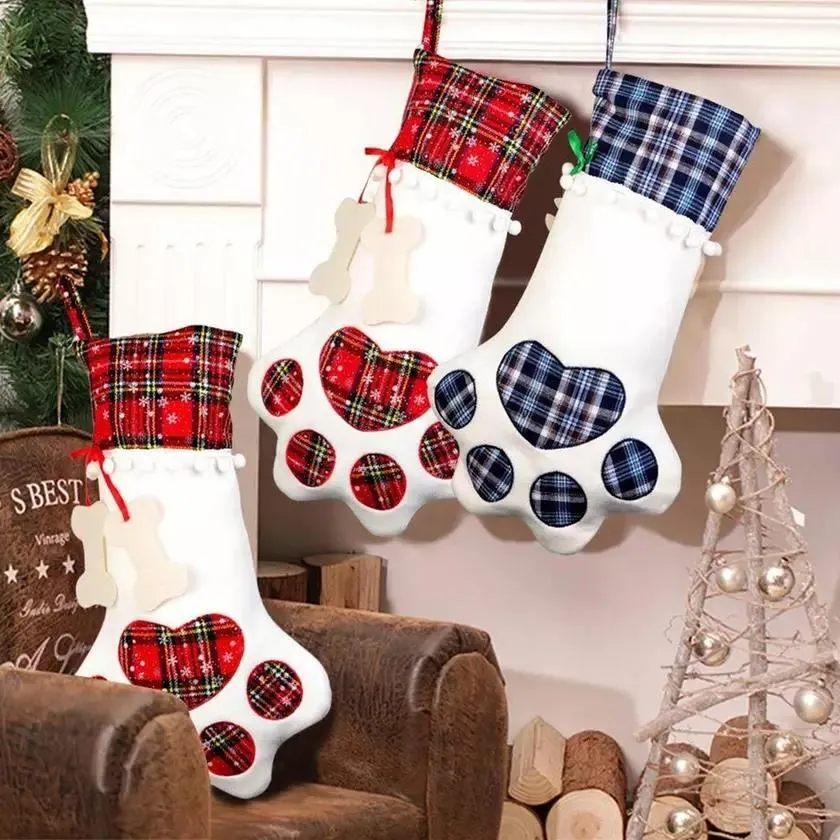 2-Pack: Plaid Christmas Pet Dog Cat Paw Hanging Stocking Socks
