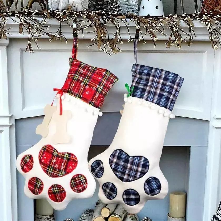 2-Pack: Plaid Christmas Pet Dog Cat Paw Hanging Stocking Socks