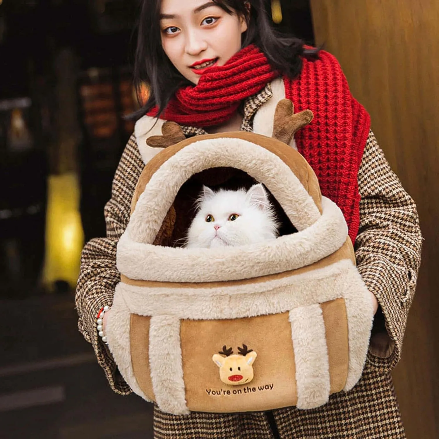2025 New Pet Carrier Backpack, Warm Travel Bag for Cat Dog, Portable Small Animal Cage with Hand Warmers, Outgoing Travel Plush Bag for Dogs, Cats (M)