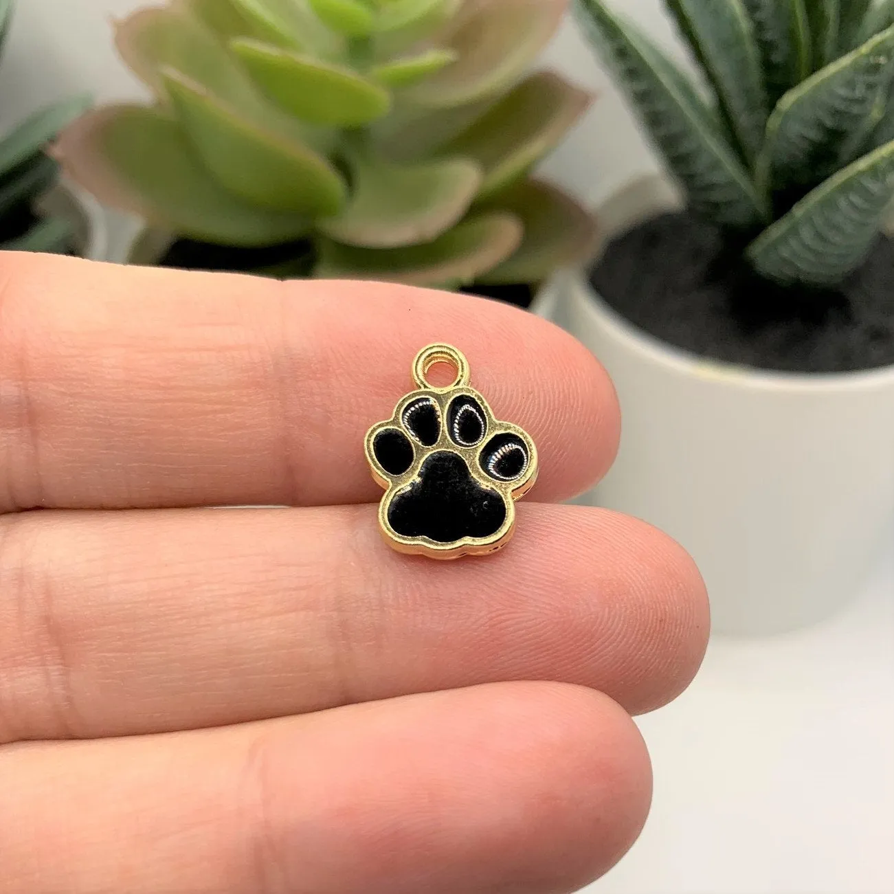 4, 20 or 50 Pieces: Black Enamel and Gold Dog / Cat Paw Print Charms