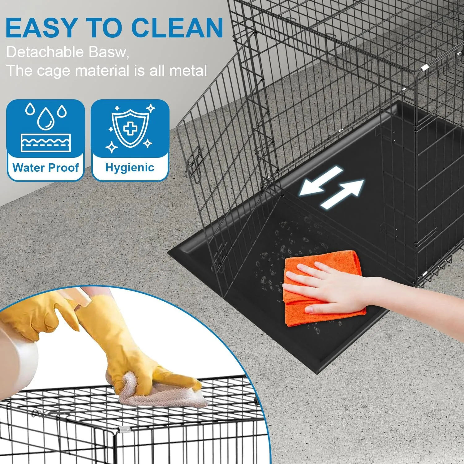 42 Inch Large Dog Crate Dog Kennel Pet Cage Metal Wire Crates Pet Cages Double-Door Folding Kennels with Handle Leak-Proof Pan Tray,Black