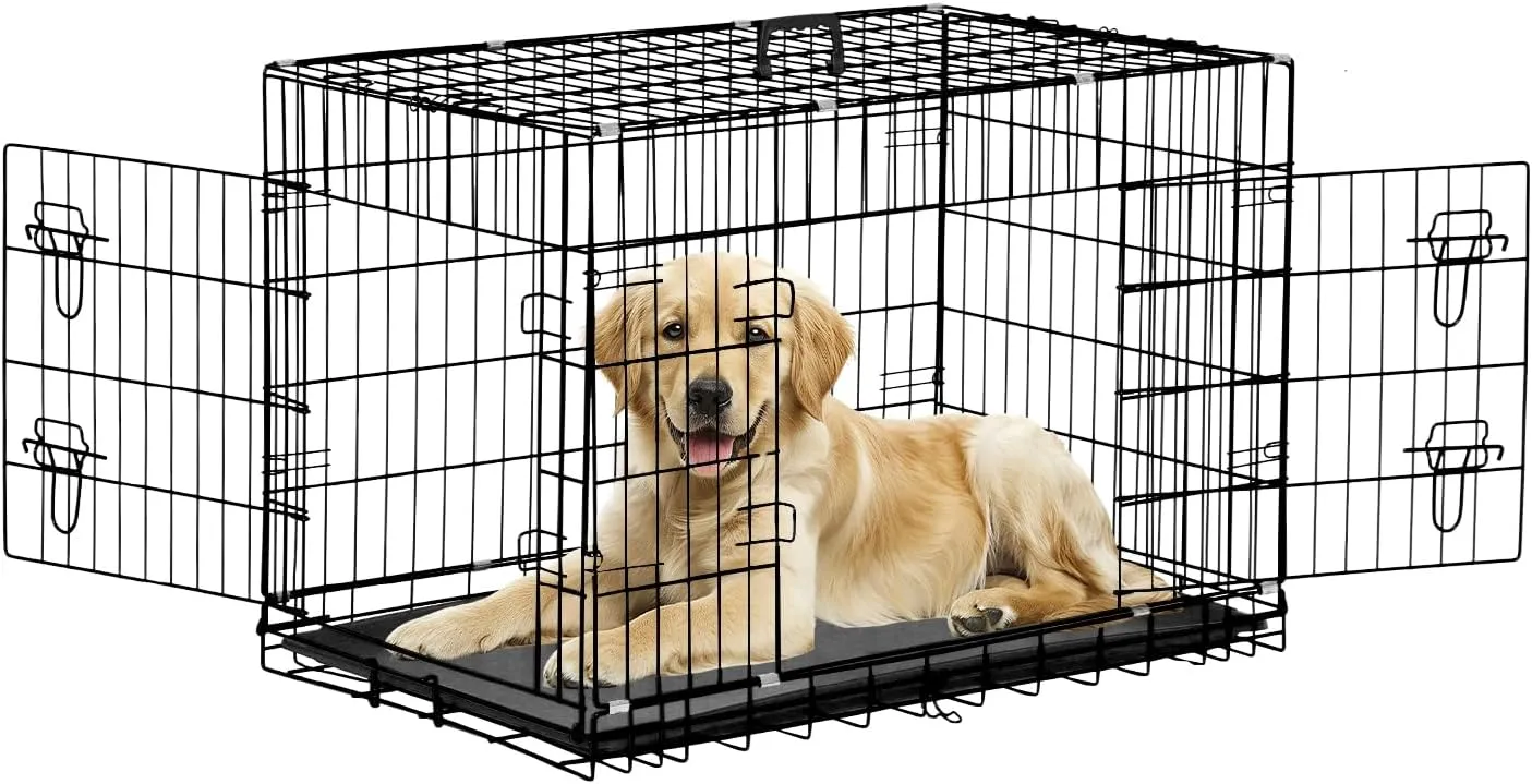 42 Inch Large Dog Crate Dog Kennel Pet Cage Metal Wire Crates Pet Cages Double-Door Folding Kennels with Handle Leak-Proof Pan Tray,Black