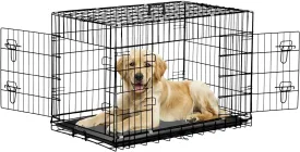 42 Inch Large Dog Crate Dog Kennel Pet Cage Metal Wire Crates Pet Cages Double-Door Folding Kennels with Handle Leak-Proof Pan Tray,Black