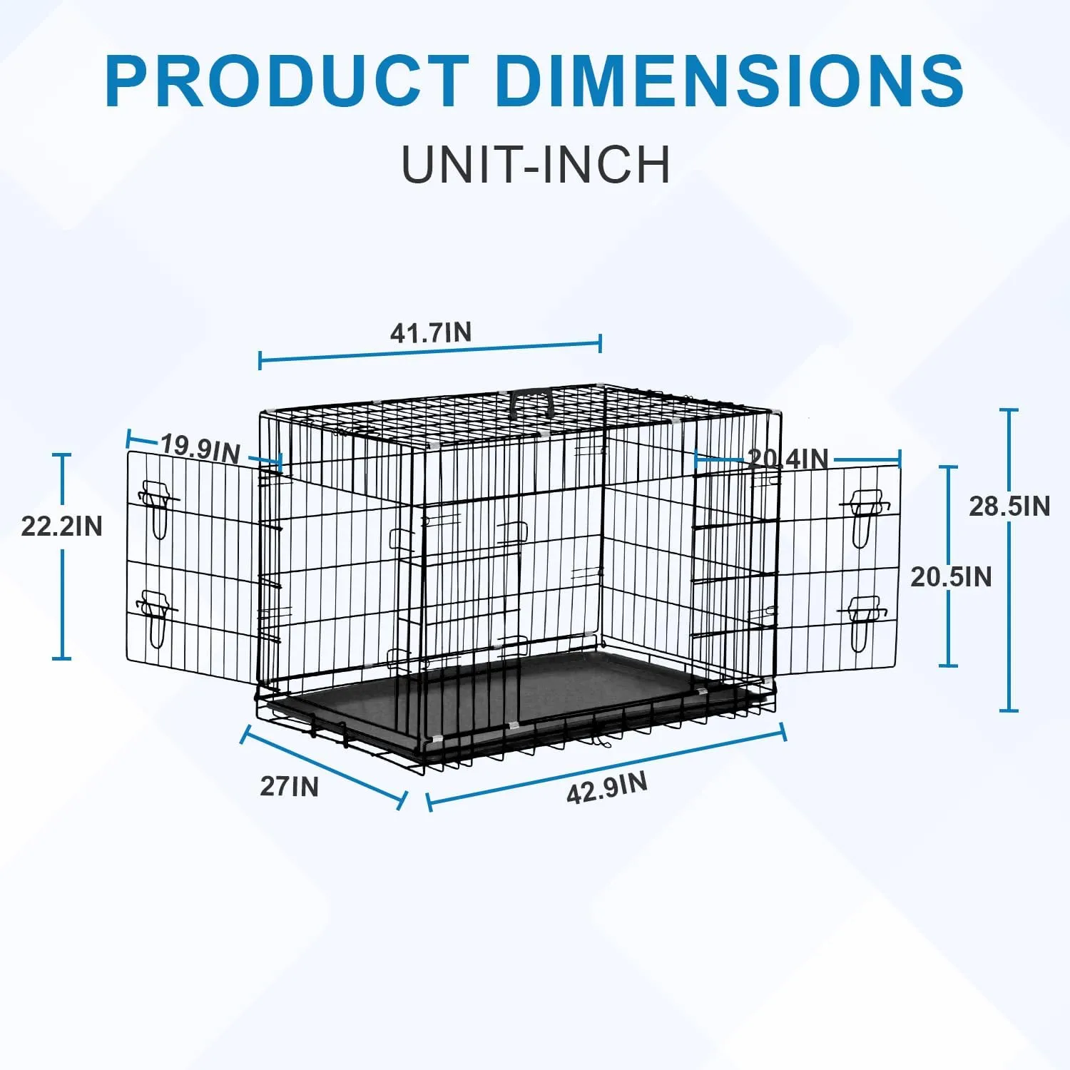 42 Inch Large Dog Crate Dog Kennel Pet Cage Metal Wire Crates Pet Cages Double-Door Folding Kennels with Handle Leak-Proof Pan Tray,Black