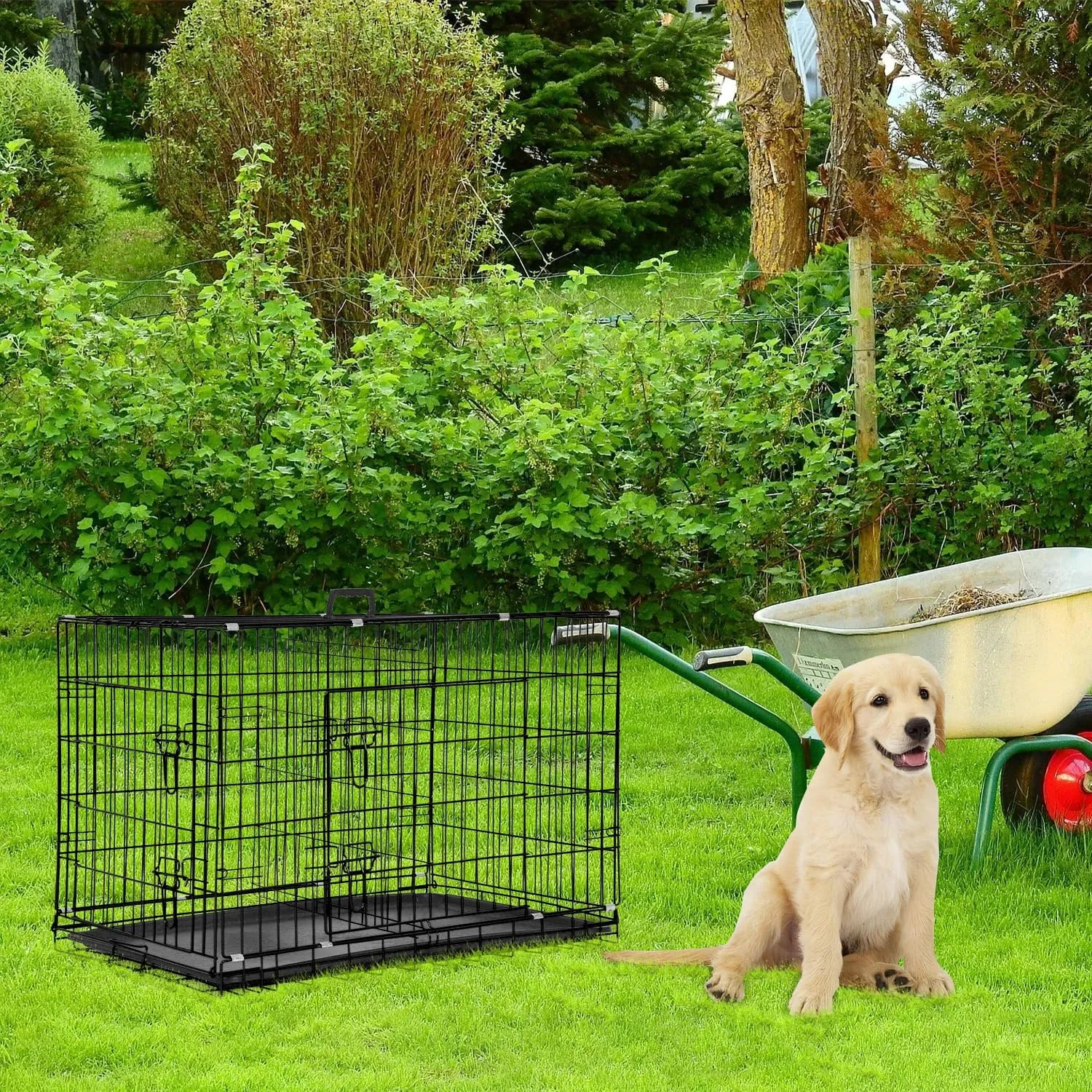 42 Inch Large Dog Crate Dog Kennel Pet Cage Metal Wire Crates Pet Cages Double-Door Folding Kennels with Handle Leak-Proof Pan Tray,Black
