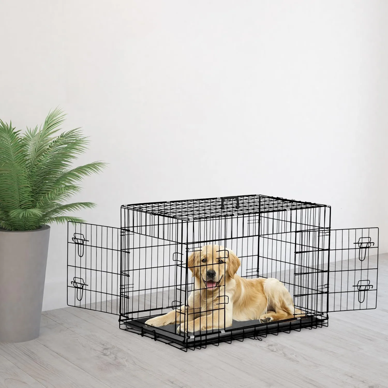 42 Inch Large Dog Crate Dog Kennel Pet Cage Metal Wire Crates Pet Cages Double-Door Folding Kennels with Handle Leak-Proof Pan Tray,Black