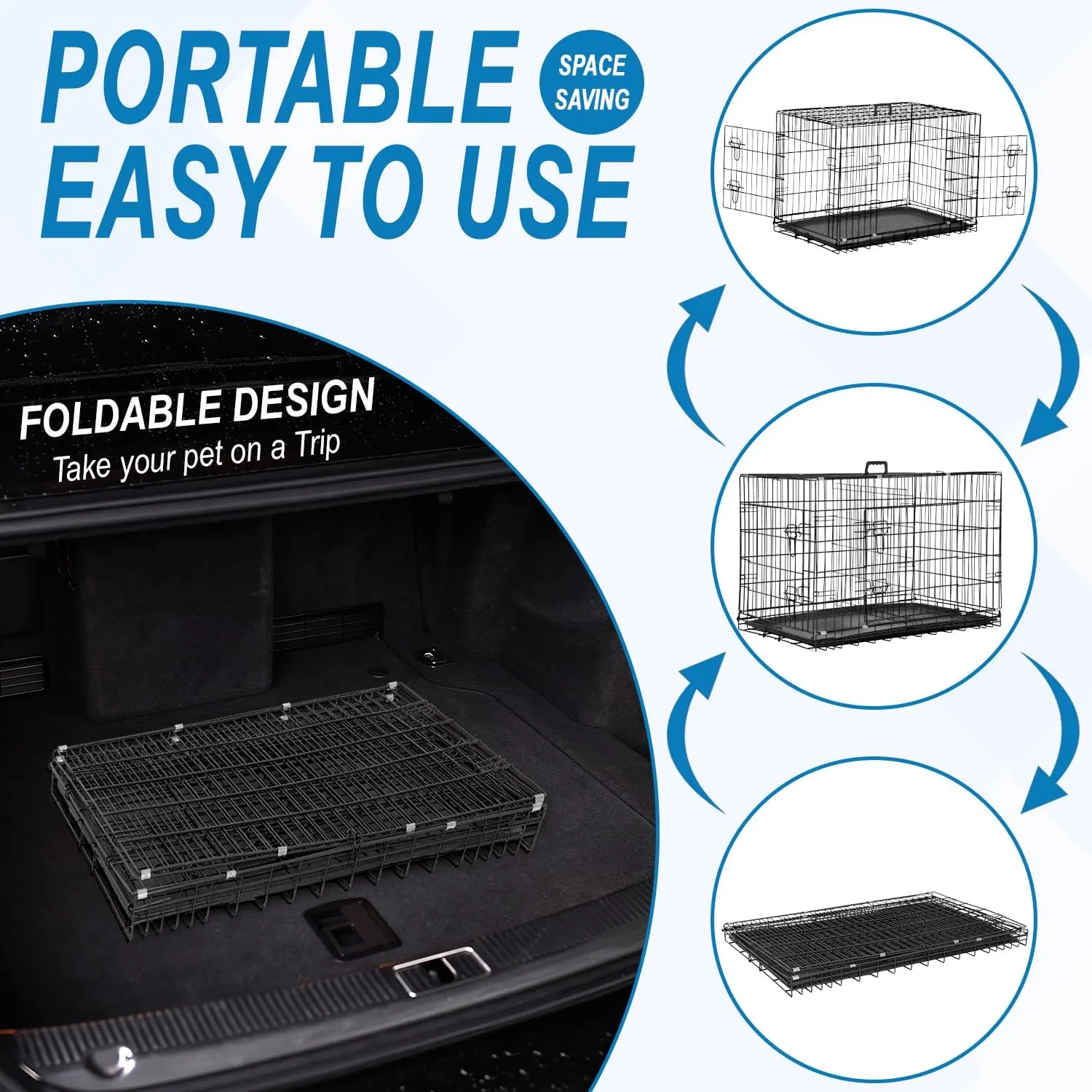 42 Inch Large Dog Crate Dog Kennel Pet Cage Metal Wire Crates Pet Cages Double-Door Folding Kennels with Handle Leak-Proof Pan Tray,Black