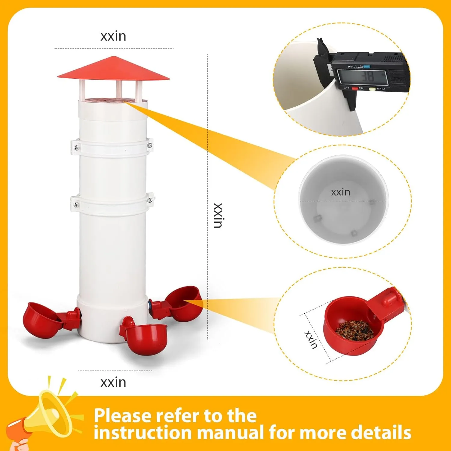 Automatic Chicken Waterer, 2 Gallon, Twin, 3 Gravity-Feed Drinking Cups, Indoor/Outdoor Coop, Poultry Water Dispenser (3 Drinking Cups - 1 PCS, 0.9 Gallon)