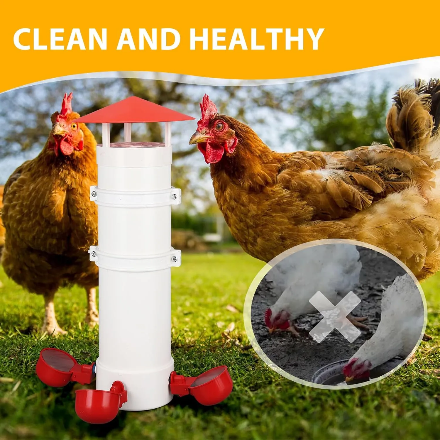 Automatic Chicken Waterer, 2 Gallon, Twin, 3 Gravity-Feed Drinking Cups, Indoor/Outdoor Coop, Poultry Water Dispenser (3 Drinking Cups - 1 PCS, 0.9 Gallon)