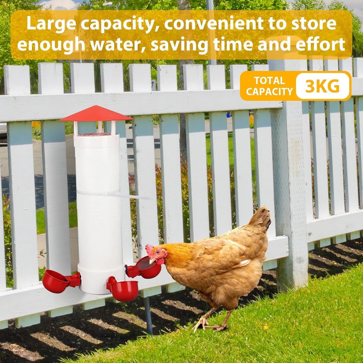 Automatic Chicken Waterer, 2 Gallon, Twin, 3 Gravity-Feed Drinking Cups, Indoor/Outdoor Coop, Poultry Water Dispenser (3 Drinking Cups - 1 PCS, 0.9 Gallon)