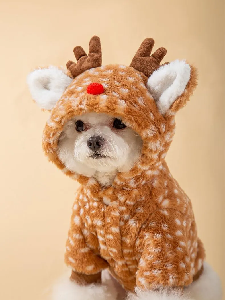 AZA Reindeer Dog Costume Fluffy Christmas Clothes Moose Coat Winter Pet Hoodies Puppy Girl Cute Coat Outfits for Small Dogs Costumes (XXLSuitable16.5lb-22lb,Moose Brown)