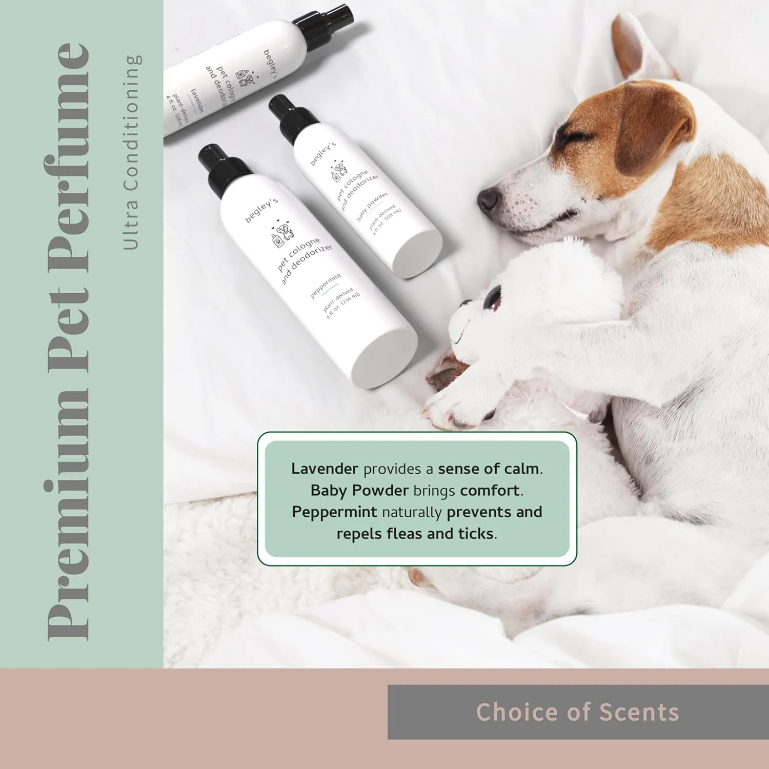 Begley's Pet Cologne and Deodorizer - Premium Essential Oil Dog Perfume Spray Long Lasting and Pet Odor Eliminator - Cat Perfume and Dog Cologne Spray - Peppermint - 4 oz