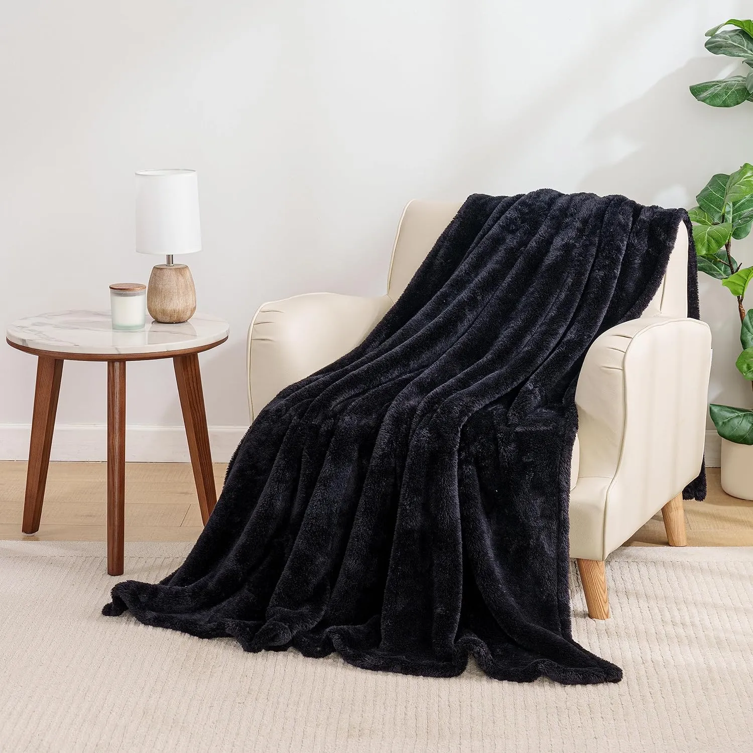 Berkshire Blanket Classic Extra-Fluffy Plush Throw Blanket, Soft Fuzzy Fluffy Long Hair Throw Blanket for Couch Sofa Bed, Black, 50x60 Inches
