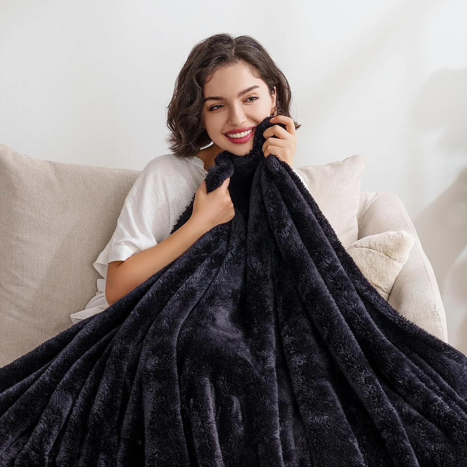 Berkshire Blanket Classic Extra-Fluffy Plush Throw Blanket, Soft Fuzzy Fluffy Long Hair Throw Blanket for Couch Sofa Bed, Black, 50x60 Inches