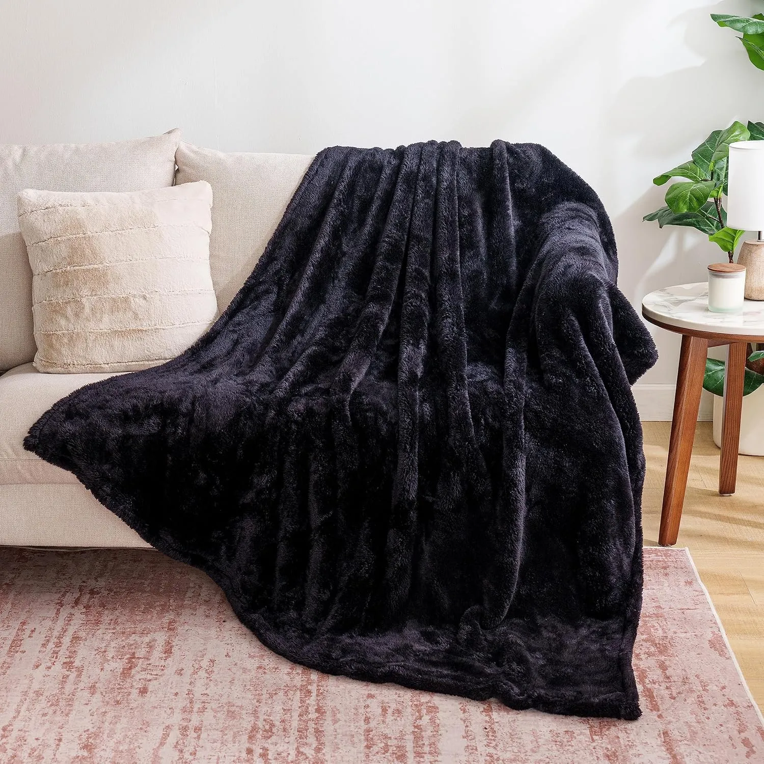 Berkshire Blanket Classic Extra-Fluffy Plush Throw Blanket, Soft Fuzzy Fluffy Long Hair Throw Blanket for Couch Sofa Bed, Black, 50x60 Inches