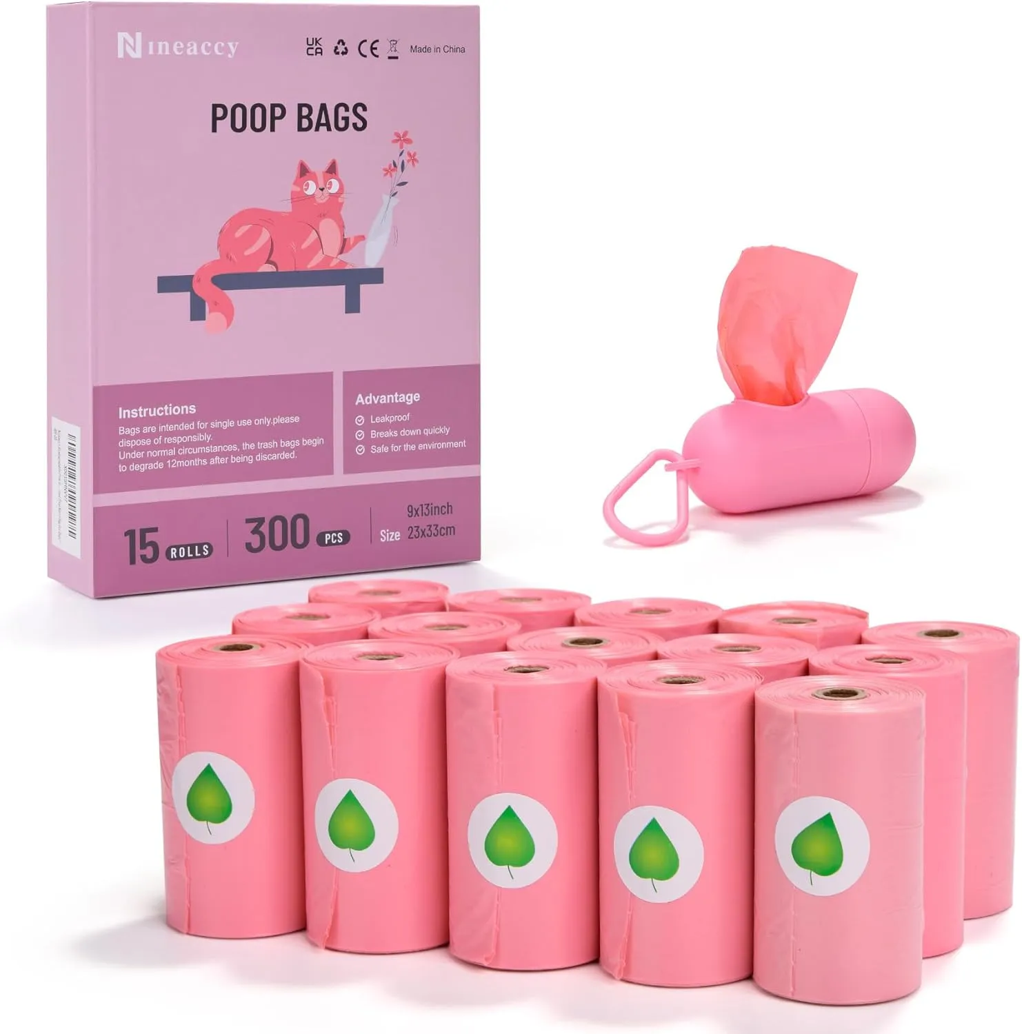 Biodegradable Pink Dog Poo Bags Lavender scent with Dispenser - 300 Large Poop Bags, Extra Thicken Strong Corn Starch Blended Compostable Leak Proof Poop Waste Bag for Dogs