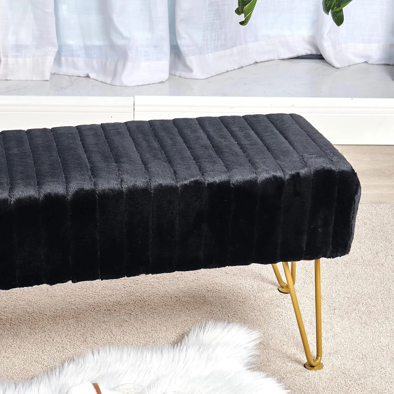 Black Soft Rectangle Faux Fur Long Ottoman Entryway Bench Furry Footrest Stool 46"x16"x17" Sturdy Accent Bench for Bedroom at The End of Bed Fuzzy Coffee Table Living Room Closet Golden Leg
