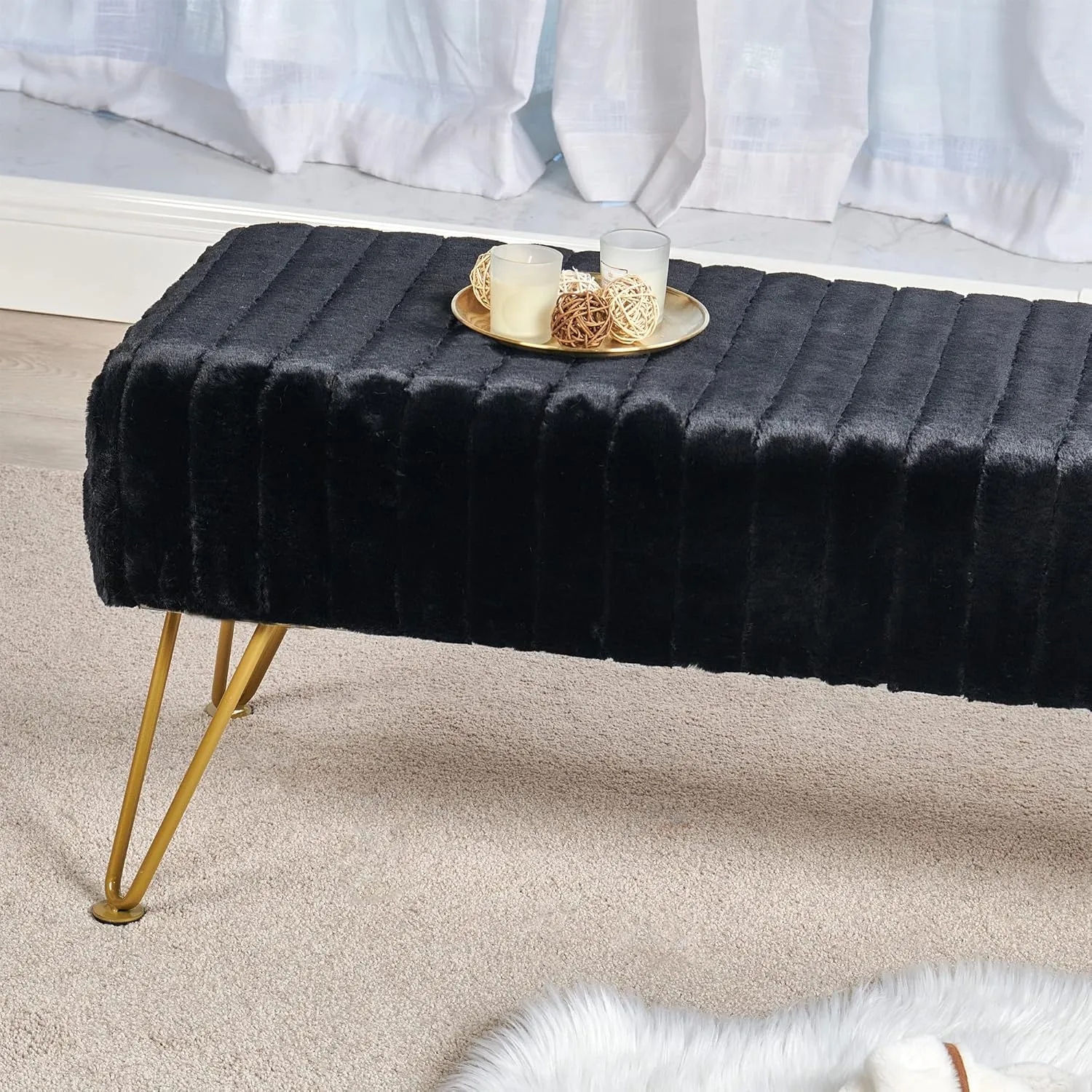 Black Soft Rectangle Faux Fur Long Ottoman Entryway Bench Furry Footrest Stool 46"x16"x17" Sturdy Accent Bench for Bedroom at The End of Bed Fuzzy Coffee Table Living Room Closet Golden Leg