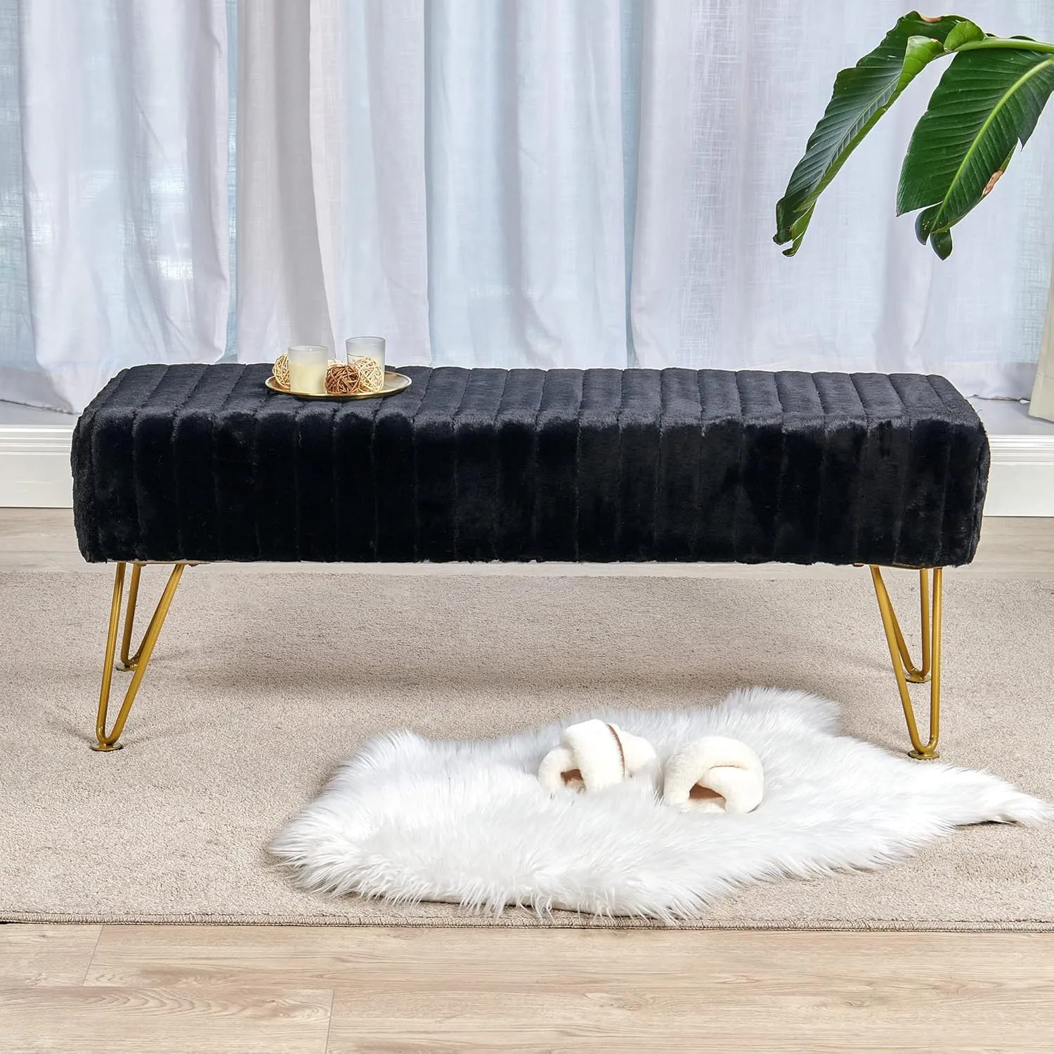 Black Soft Rectangle Faux Fur Long Ottoman Entryway Bench Furry Footrest Stool 46"x16"x17" Sturdy Accent Bench for Bedroom at The End of Bed Fuzzy Coffee Table Living Room Closet Golden Leg