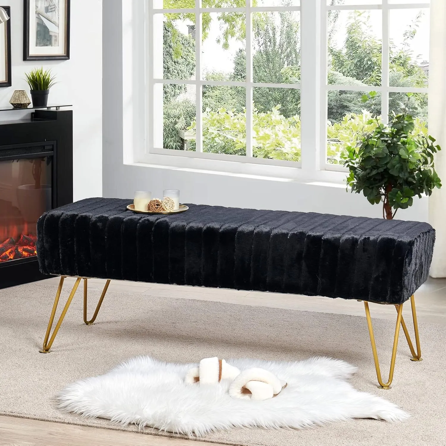 Black Soft Rectangle Faux Fur Long Ottoman Entryway Bench Furry Footrest Stool 46"x16"x17" Sturdy Accent Bench for Bedroom at The End of Bed Fuzzy Coffee Table Living Room Closet Golden Leg