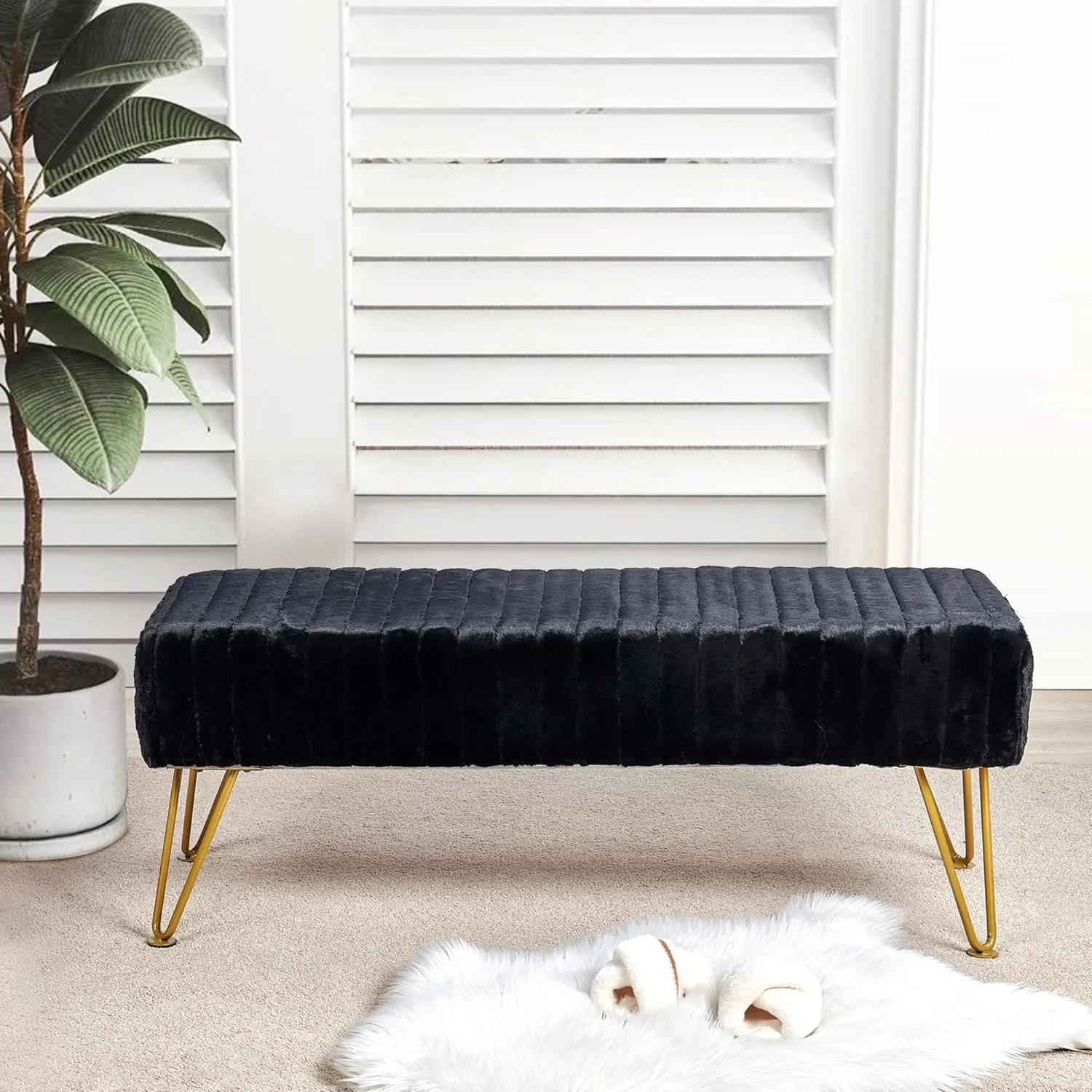 Black Soft Rectangle Faux Fur Long Ottoman Entryway Bench Furry Footrest Stool 46"x16"x17" Sturdy Accent Bench for Bedroom at The End of Bed Fuzzy Coffee Table Living Room Closet Golden Leg