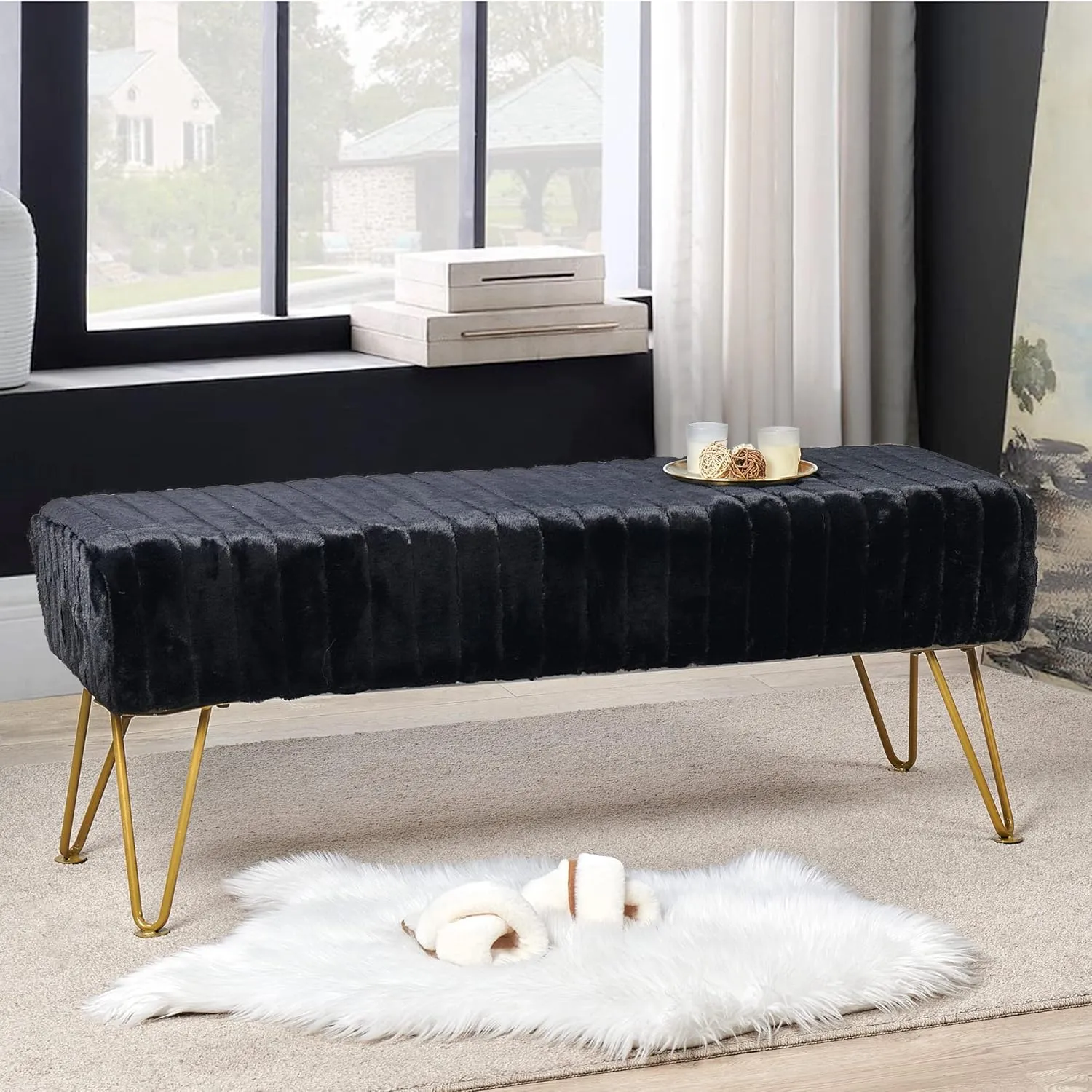 Black Soft Rectangle Faux Fur Long Ottoman Entryway Bench Furry Footrest Stool 46"x16"x17" Sturdy Accent Bench for Bedroom at The End of Bed Fuzzy Coffee Table Living Room Closet Golden Leg