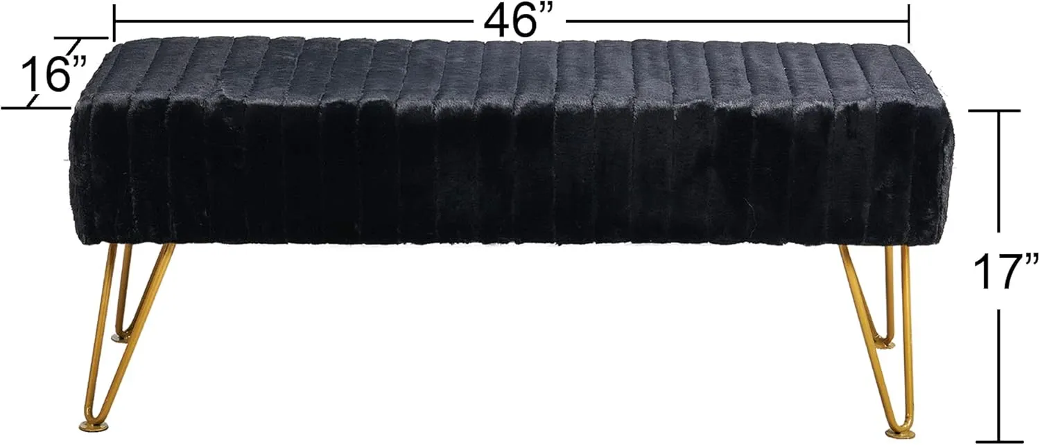 Black Soft Rectangle Faux Fur Long Ottoman Entryway Bench Furry Footrest Stool 46"x16"x17" Sturdy Accent Bench for Bedroom at The End of Bed Fuzzy Coffee Table Living Room Closet Golden Leg