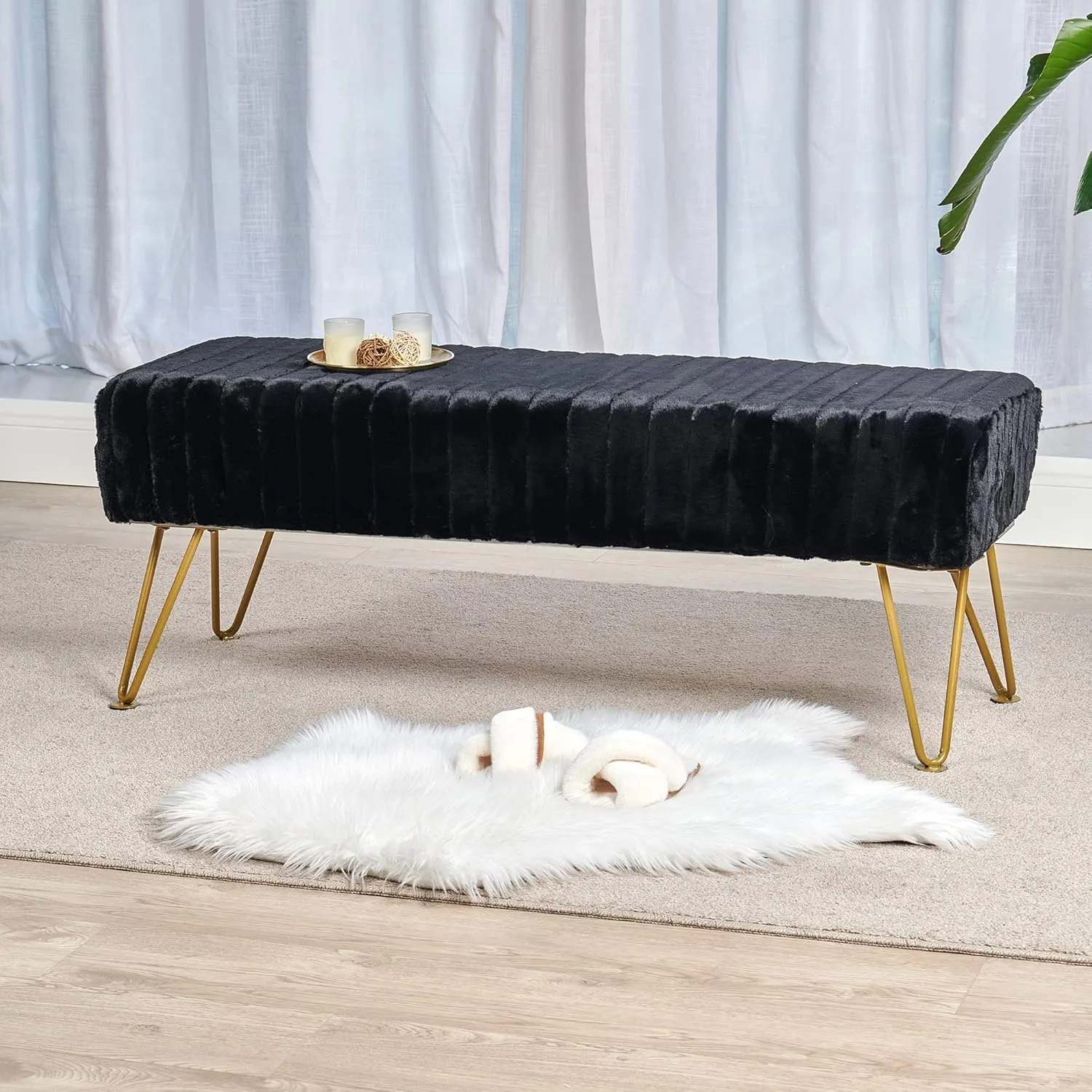 Black Soft Rectangle Faux Fur Long Ottoman Entryway Bench Furry Footrest Stool 46"x16"x17" Sturdy Accent Bench for Bedroom at The End of Bed Fuzzy Coffee Table Living Room Closet Golden Leg