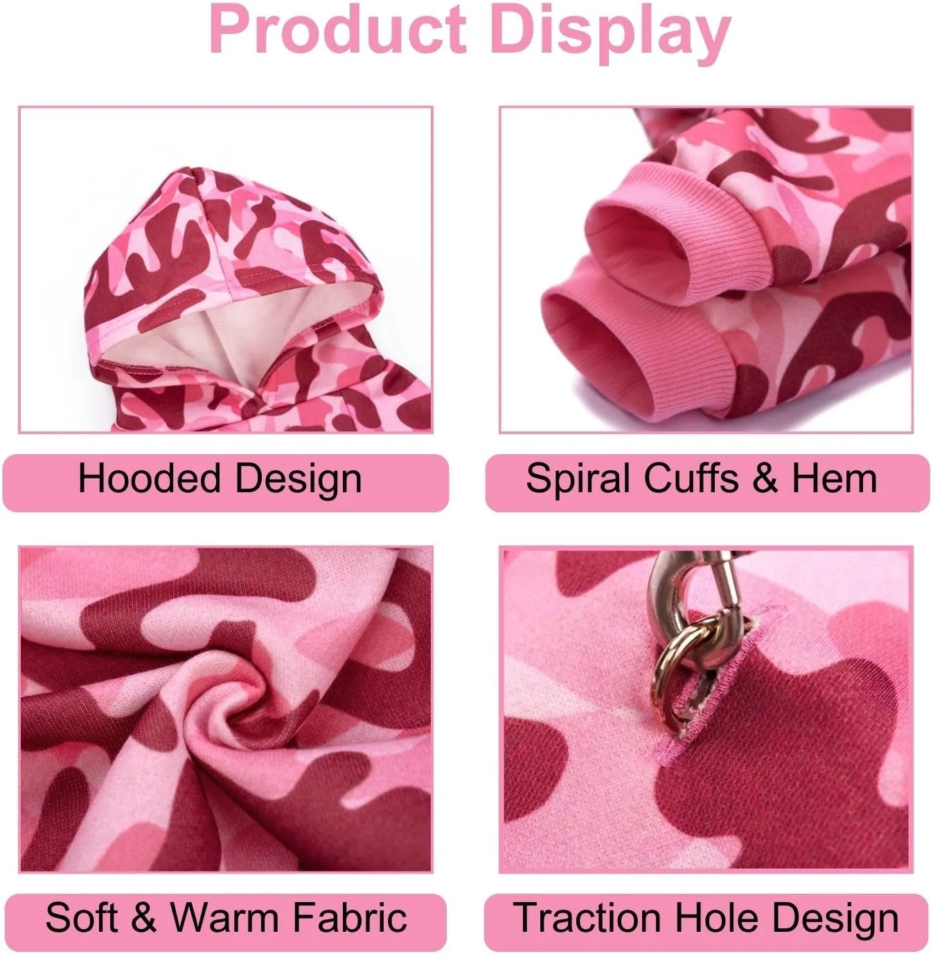 Camo Hoodie, Winter Dog Clothes, Pet Hooded Sweater - Pink Polyester, XS