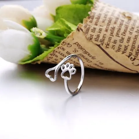 Cat and Dog Necklace and Paw Heart Ring in Sterling Silver with Black & White Cubic Zirconia, Adorable!