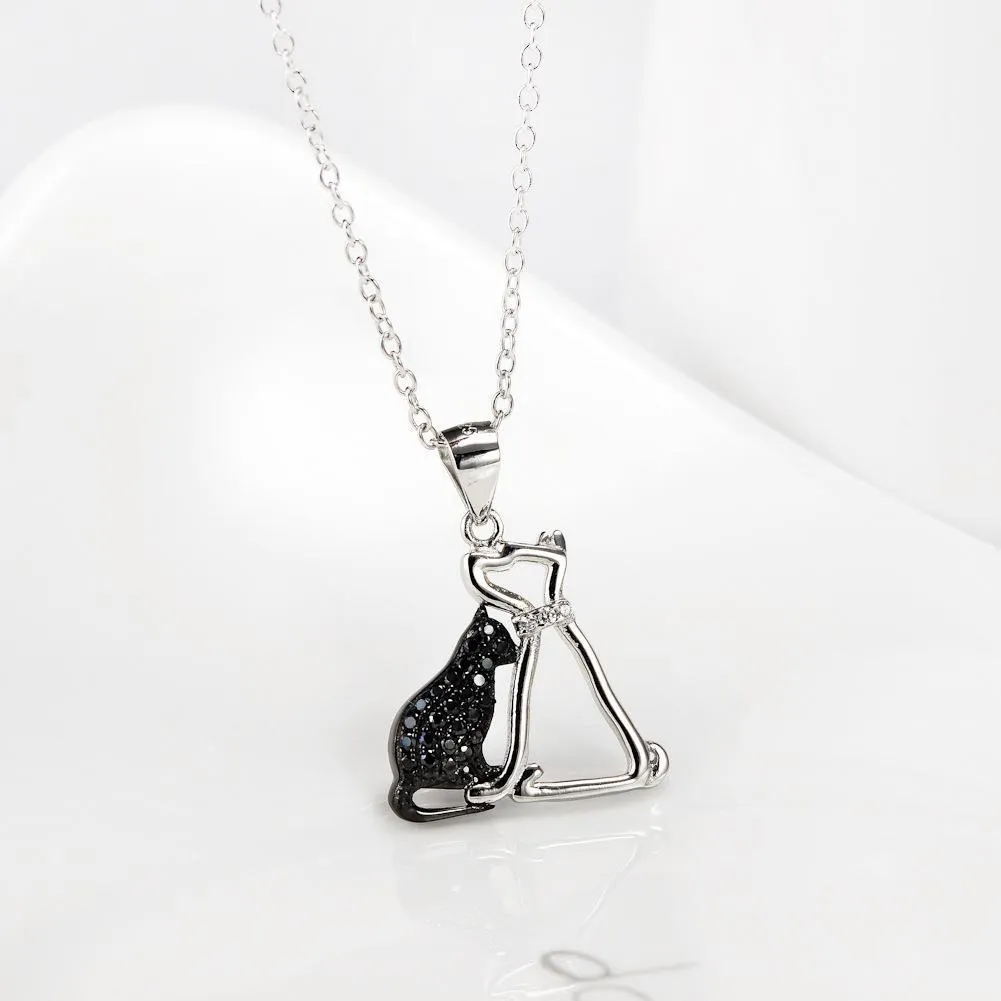 Cat and Dog Necklace and Paw Heart Ring in Sterling Silver with Black & White Cubic Zirconia, Adorable!