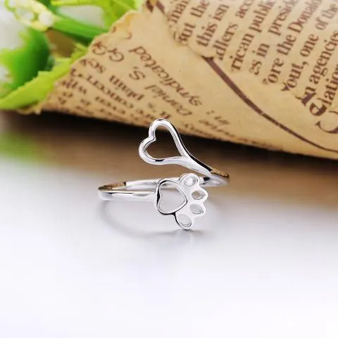 Cat and Dog Necklace and Paw Heart Ring in Sterling Silver with Black & White Cubic Zirconia, Adorable!