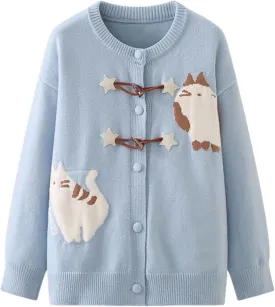 Cat Sweaters for Women Japanese Casual Kawaii Fun Patterned Cardigan Crew Neck Button Up Cozy Knit Coats