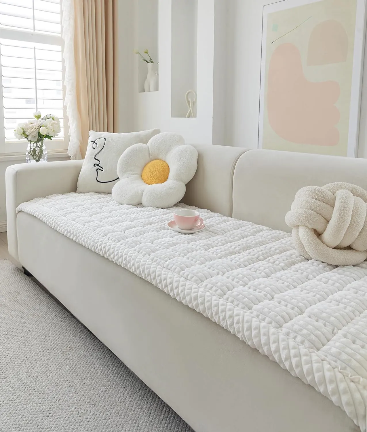 Couch Cover for Dogs Washable, Fuzzy Pet Cover for Sofa, Covers for 3 Cushion Couch Pet Friendly, Non Slip Dog Bed Mat Blanket (White, 27.6x59.06 inch)