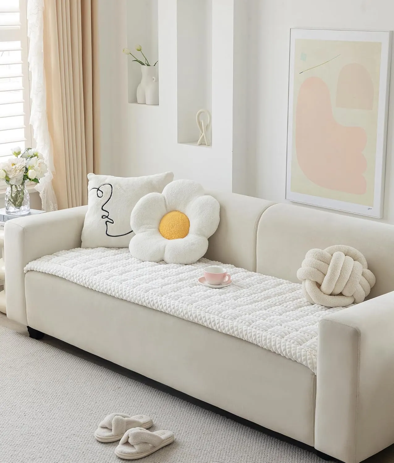 Couch Cover for Dogs Washable, Fuzzy Pet Cover for Sofa, Covers for 3 Cushion Couch Pet Friendly, Non Slip Dog Bed Mat Blanket (White, 27.6x59.06 inch)