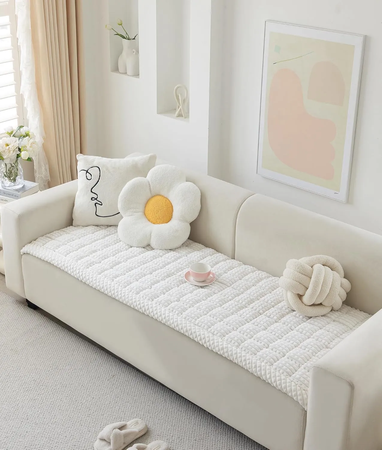 Couch Cover for Dogs Washable, Fuzzy Pet Cover for Sofa, Covers for 3 Cushion Couch Pet Friendly, Non Slip Dog Bed Mat Blanket (White, 27.6x59.06 inch)