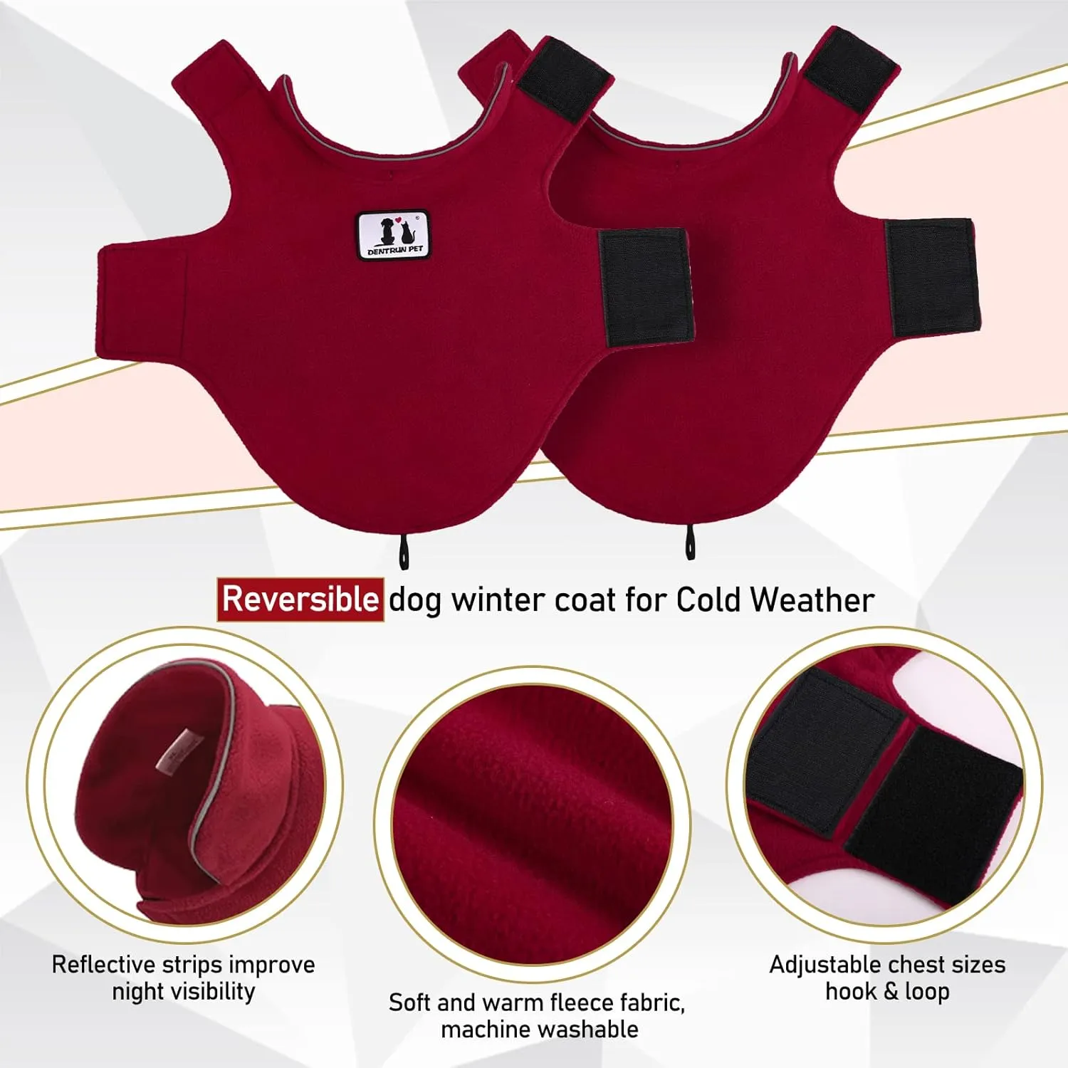 DENTRUN Windproof Winter Warm Fleece Large Dog Coat Reversible Puppy Jacket Reflective Soft Pet Vest, Cold Weather Dog Sweater Apparel Leash Access Overcoat for Large Breeds, Burgundy, XL