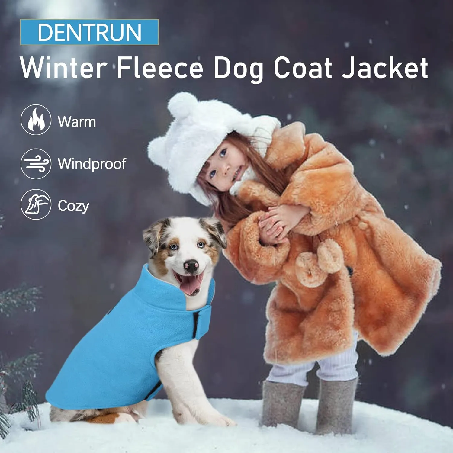 DENTRUN Windproof Winter Warm Fleece Medium Dog Coat Reversible Puppy Jacket Reflective Soft Pet Vest, Cold Weather Dog Sweater Apparel Leash Access Overcoat for Medium Breeds, Blue, M