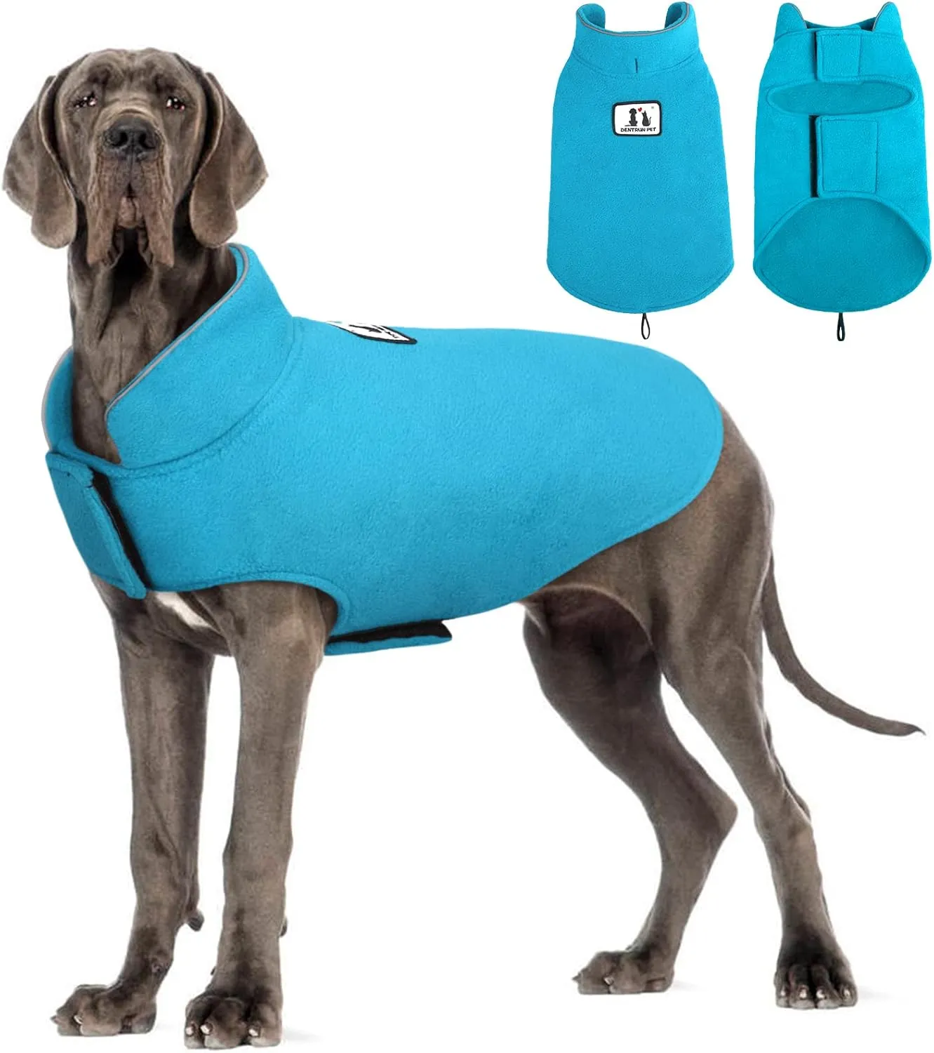 DENTRUN Windproof Winter Warm Fleece Medium Dog Coat Reversible Puppy Jacket Reflective Soft Pet Vest, Cold Weather Dog Sweater Apparel Leash Access Overcoat for Medium Breeds, Blue, M