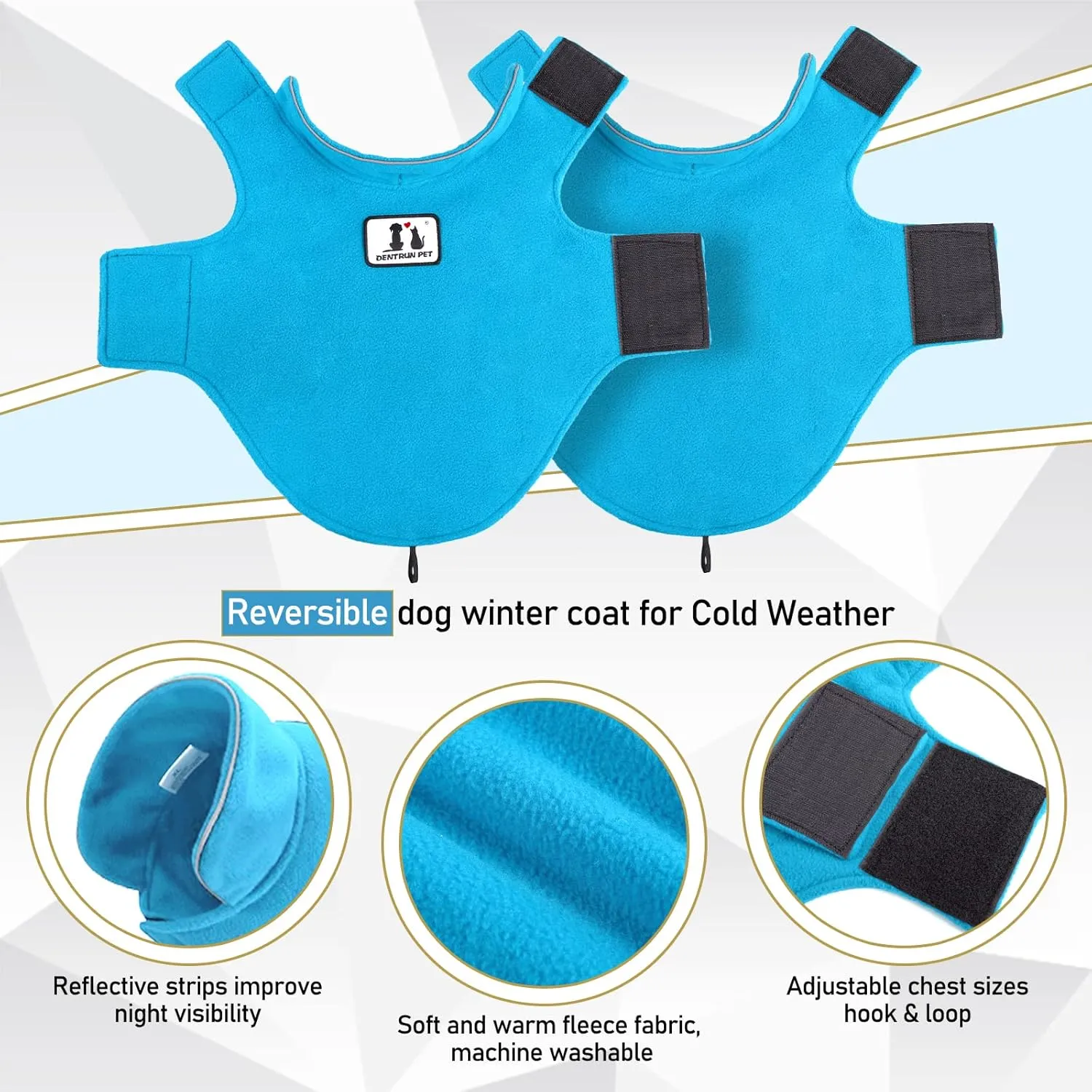 DENTRUN Windproof Winter Warm Fleece Medium Dog Coat Reversible Puppy Jacket Reflective Soft Pet Vest, Cold Weather Dog Sweater Apparel Leash Access Overcoat for Medium Breeds, Blue, M