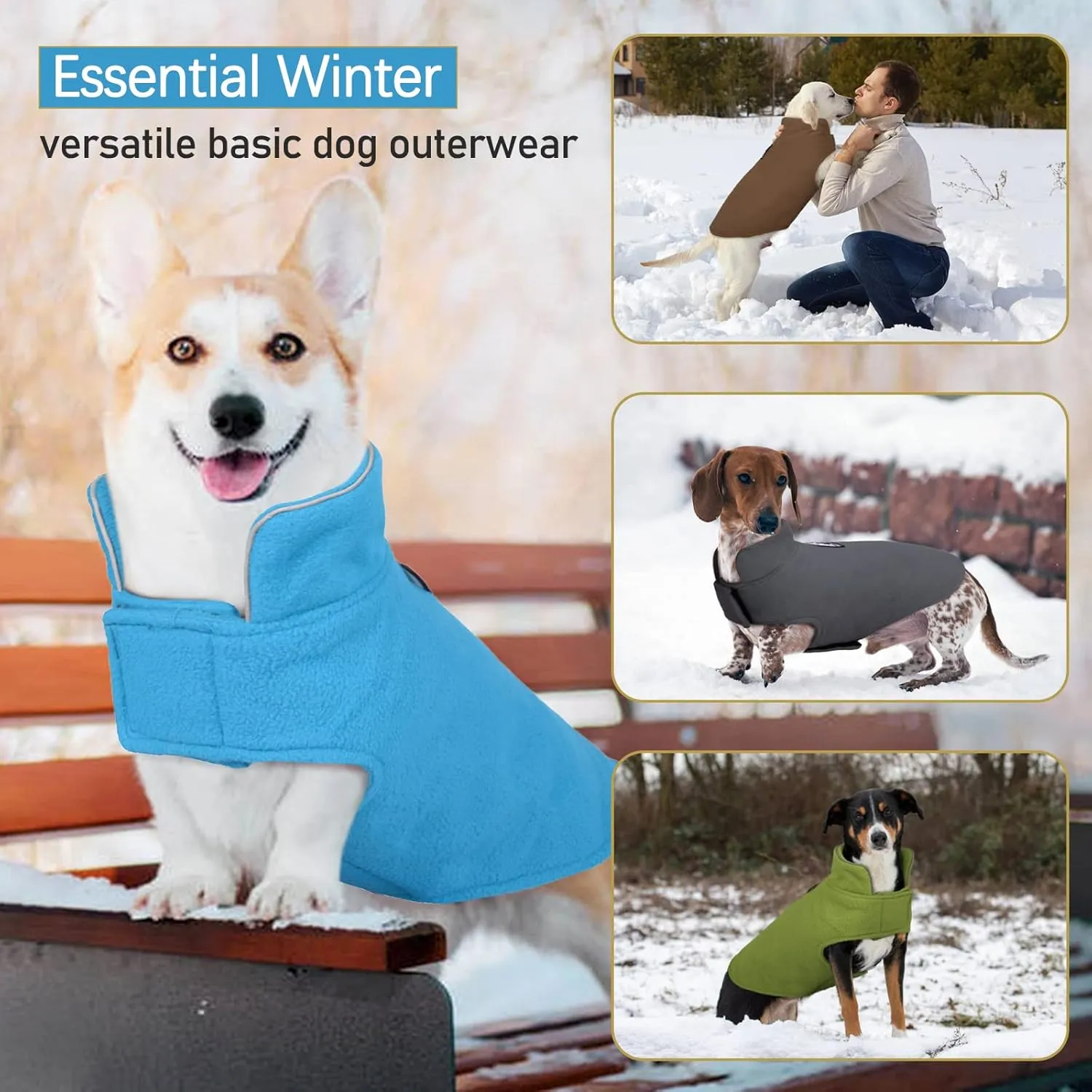 DENTRUN Windproof Winter Warm Fleece Medium Dog Coat Reversible Puppy Jacket Reflective Soft Pet Vest, Cold Weather Dog Sweater Apparel Leash Access Overcoat for Medium Breeds, Blue, M