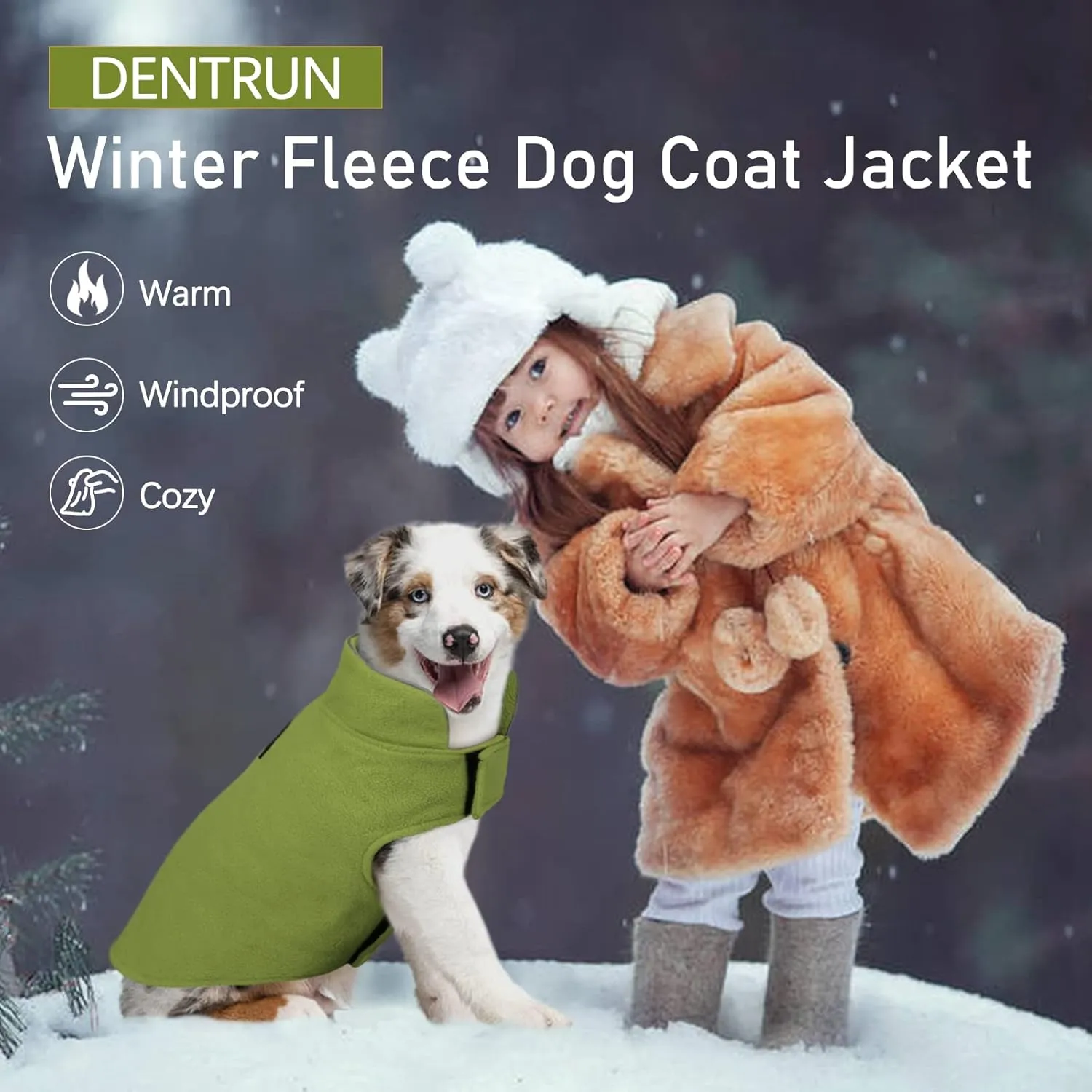 DENTRUN Windproof Winter Warm Fleece Medium Dog Coat Reversible Puppy Jacket Reflective Soft Pet Vest, Cold Weather Dog Sweater Apparel Leash Access Overcoat for Medium Breeds, Green, M