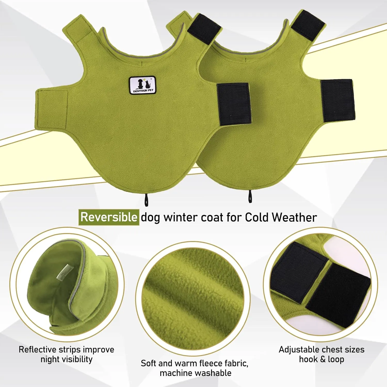DENTRUN Windproof Winter Warm Fleece Medium Dog Coat Reversible Puppy Jacket Reflective Soft Pet Vest, Cold Weather Dog Sweater Apparel Leash Access Overcoat for Medium Breeds, Green, M