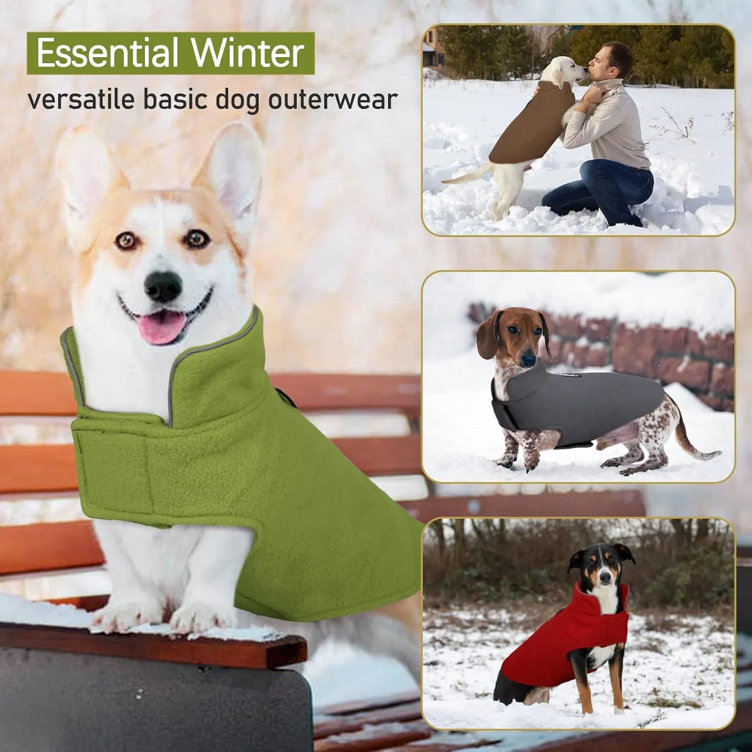 DENTRUN Windproof Winter Warm Fleece Medium Dog Coat Reversible Puppy Jacket Reflective Soft Pet Vest, Cold Weather Dog Sweater Apparel Leash Access Overcoat for Medium Breeds, Green, M