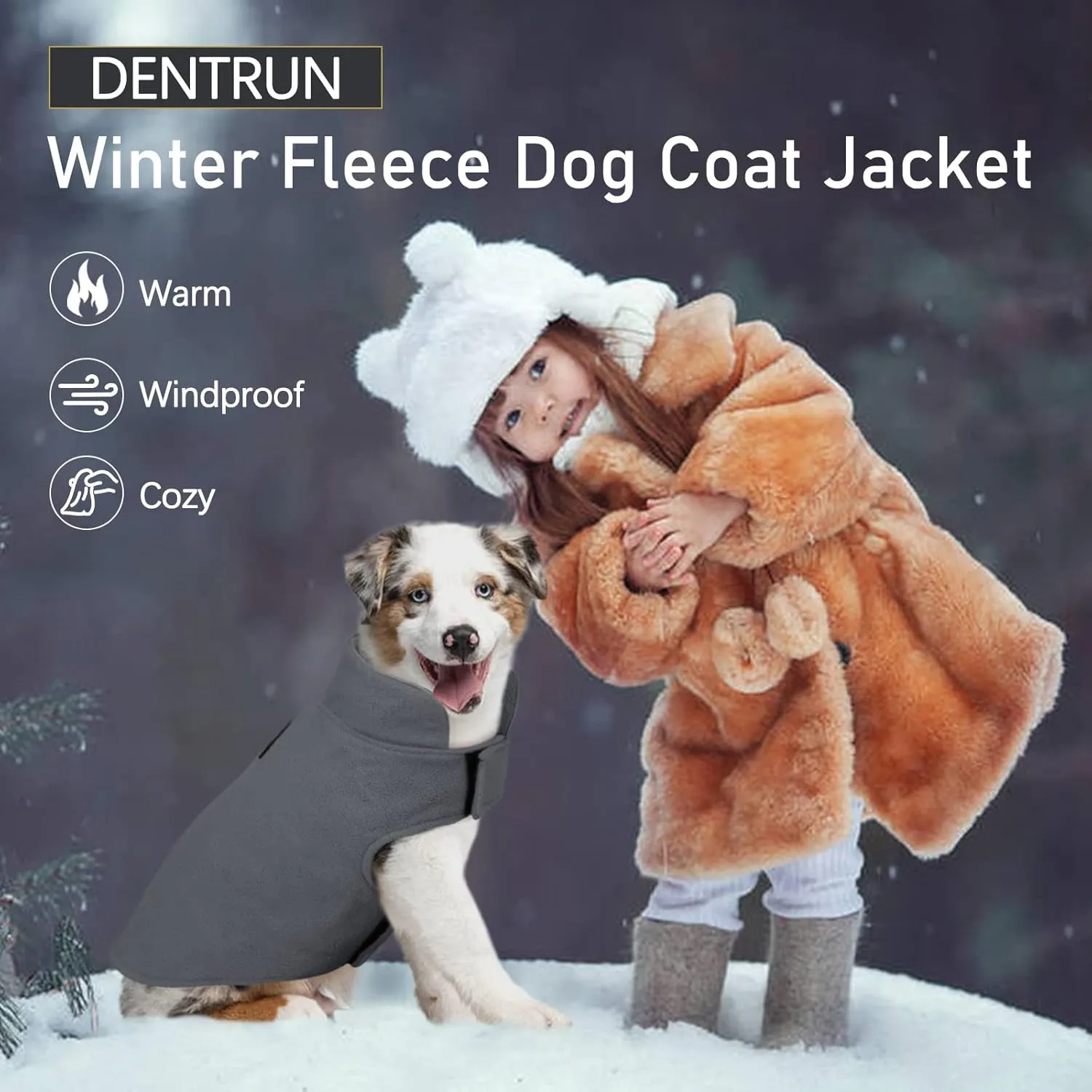 DENTRUN Windproof Winter Warm Fleece Medium Dog Coat Reversible Puppy Jacket Reflective Soft Pet Vest, Cold Weather Dog Sweater Apparel Leash Access Overcoat for Medium Breeds, Grey, M